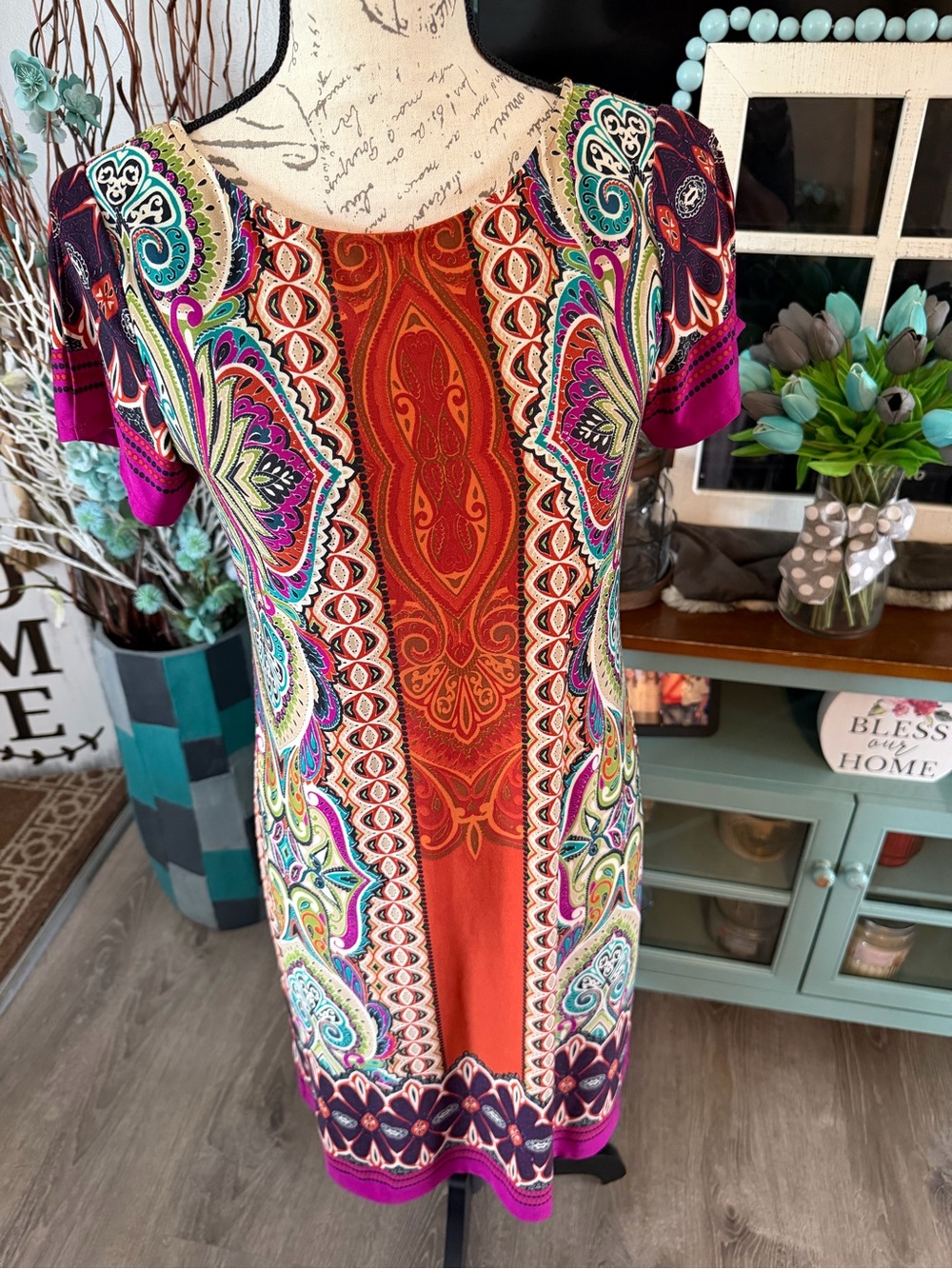 Sunny Leigh Multicolor Paisley Midi Dress in Orange, Pink, Teal Small
